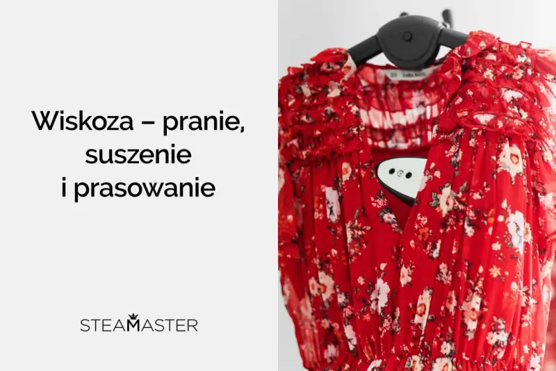 Czerwona sukienka w kwiaty, idealna do prasowania parowego. Dowiedz się, jak prac wiskozę, by wyglądała jak nowa.