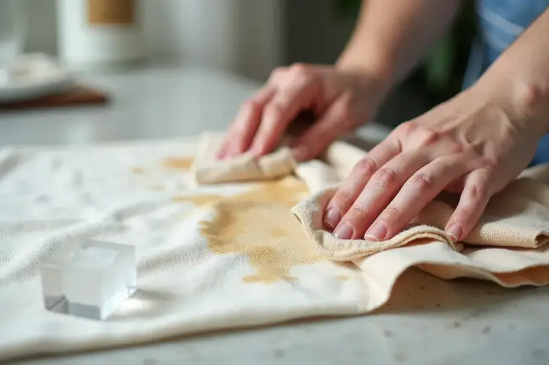 Ręce delikatnie usuwają plamę z żywicy z jasnego materiału za pomocą ściereczki.