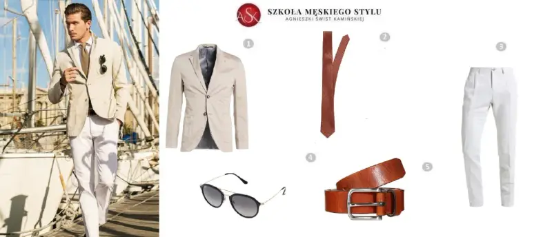 Eleganckie stylizacje z białymi spodniami: beżowa marynarka, brązowy krawat, pasek i okulary tworzą letni look.